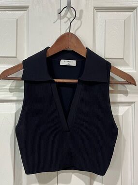 Babaton Ribbed Black Sleeveless Polo Crop Top Small